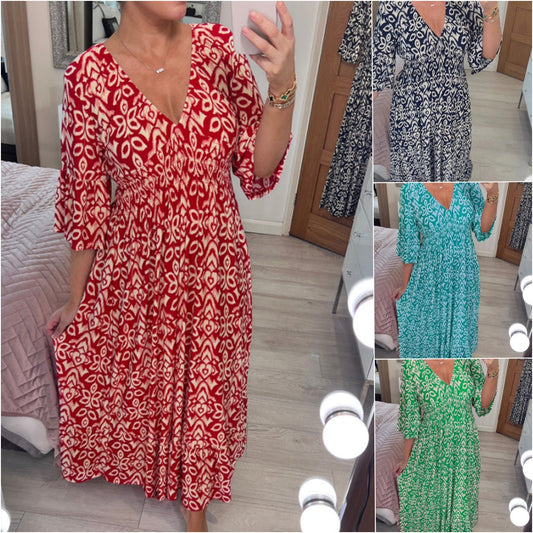 🔥💃Bohemian casual print V-neck waist wrap long dress