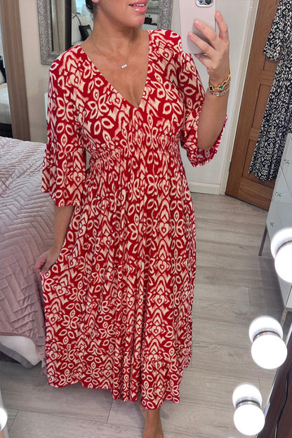 🔥💃Bohemian casual print V-neck waist wrap long dress